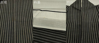 平和屋着物▽上質な紬 単衣 縞 黒地 正絹 逸品 CAAV8987gh
