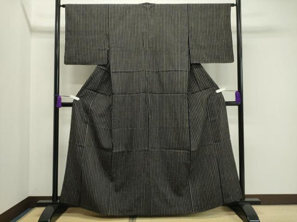 平和屋着物▽上質な紬 単衣 縞 黒地 正絹 逸品 CAAV8987gh