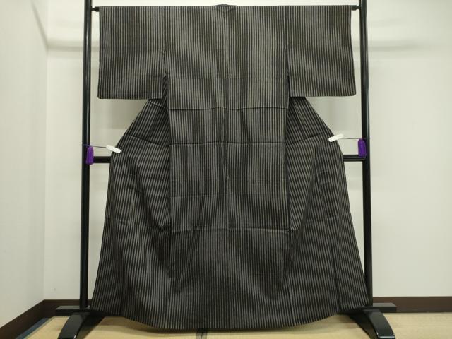 平和屋着物▽上質な紬 単衣 縞 黒地 正絹 逸品 CAAV8987gh
