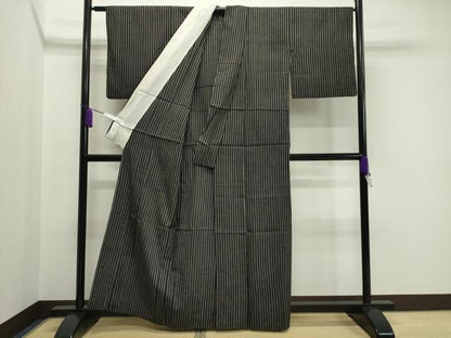 平和屋着物▽上質な紬 単衣 縞 黒地 正絹 逸品 CAAV8987gh