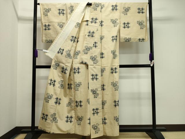 平和屋着物▽上質な紬 単衣 吉祥花文 正絹 逸品 CAAV8993gh