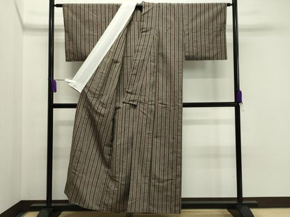 平和屋着物▽上質な紬 単衣 縞 正絹 逸品 CAAV8994gh