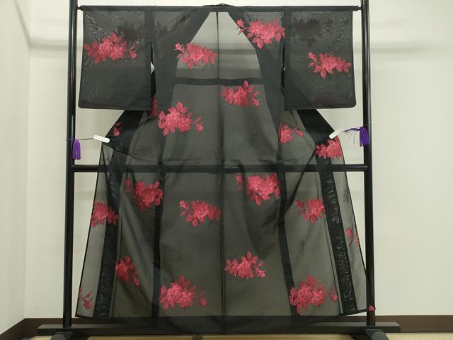 平和屋着物＊夏物 小紋 紗 枝花文 黒地 正絹 逸品 CAAV9007gh