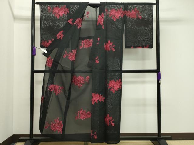 平和屋着物＊夏物 小紋 紗 枝花文 黒地 正絹 逸品 CAAV9007gh