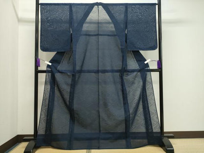 平和屋着物＊夏物 色無地 菱紋紗 濃藍色 正絹 逸品 未使用 CAAV9014gh