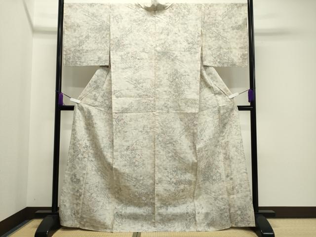 平和屋着物▽生紬　単衣　籬草花文　正絹　逸品　CAAV9183gh