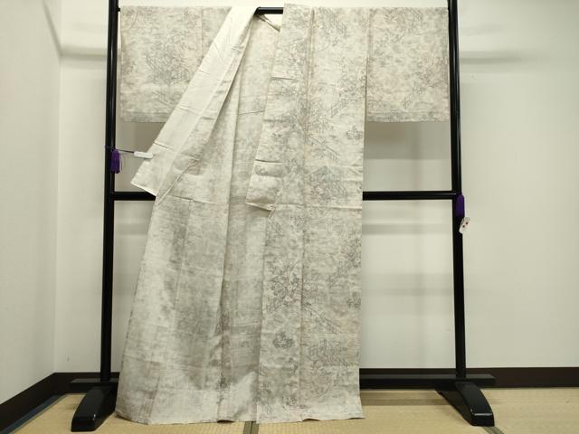 平和屋着物▽生紬　単衣　籬草花文　正絹　逸品　CAAV9183gh