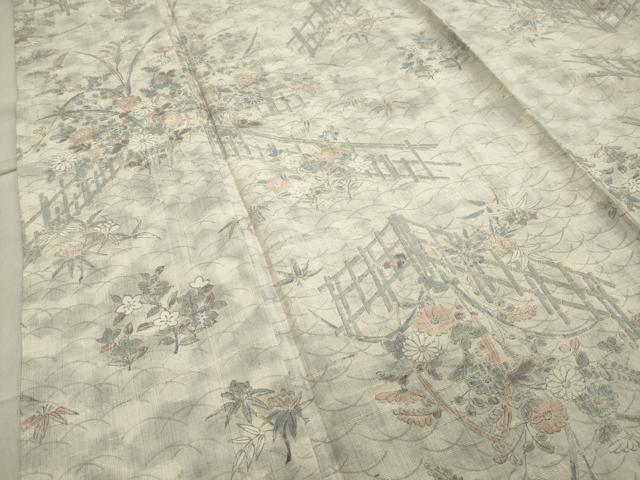 平和屋着物▽生紬　単衣　籬草花文　正絹　逸品　CAAV9183gh
