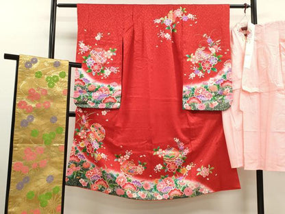 平和屋着物[]七五三　女の子　７歳　祝着　四つ身　長襦袢・袋帯セット　松竹梅雪輪鈴草花文　暈し染め　逸品　CAAV9227ze