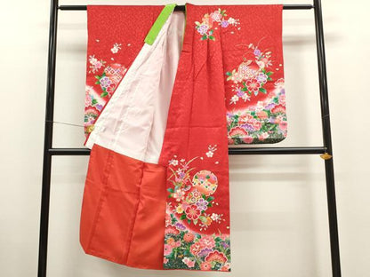平和屋着物[]七五三　女の子　７歳　祝着　四つ身　長襦袢・袋帯セット　松竹梅雪輪鈴草花文　暈し染め　逸品　CAAV9227ze