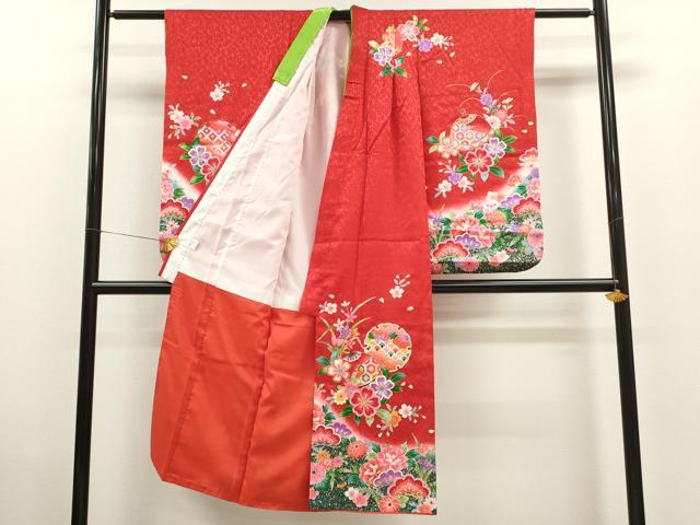 平和屋着物[]七五三　女の子　７歳　祝着　四つ身　長襦袢・袋帯セット　松竹梅雪輪鈴草花文　暈し染め　逸品　CAAV9227ze