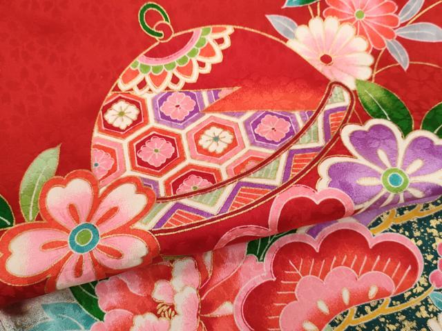 平和屋着物[]七五三　女の子　７歳　祝着　四つ身　長襦袢・袋帯セット　松竹梅雪輪鈴草花文　暈し染め　逸品　CAAV9227ze