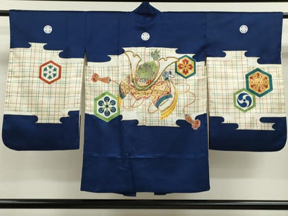 平和屋着物[]七五三　男の子　祝着・羽織・袴・小物セット　駒刺繍　狛獅子　兜　洗える着物　CAAV9265ze