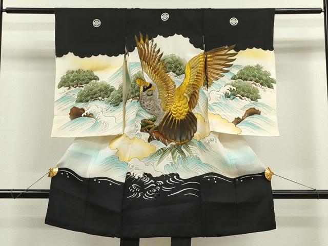 平和屋着物[]お宮参り　男の子　祝着　産着　初着　のしめ　刺繍　鷹　立波松文　暈し染め　金彩　逸品　CAAV9271ze