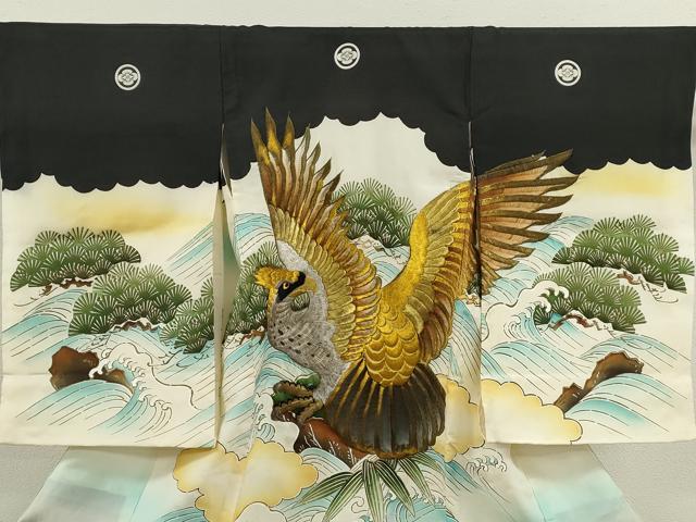 平和屋着物[]お宮参り　男の子　祝着　産着　初着　のしめ　刺繍　鷹　立波松文　暈し染め　金彩　逸品　CAAV9271ze