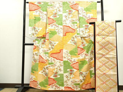 平和屋着物∵女の子 十三参り 子供 祝着・袋帯セット 絞り 雲取り枝花文 逸品 CAAV9301ze