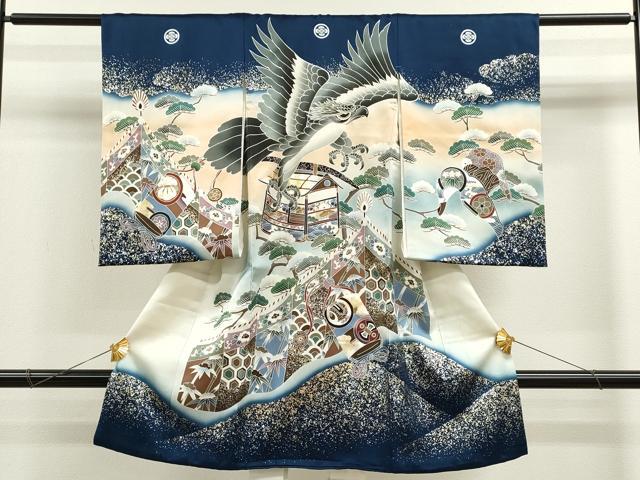 平和屋着物[]お宮参り　男の子　祝着　産着　初着　のしめ　鷹　吉祥笹松文　金銀彩　逸品　CAAV9382ze