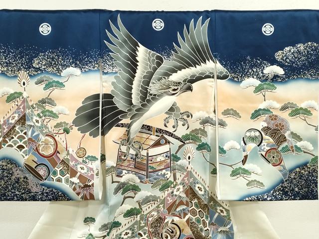 平和屋着物[]お宮参り　男の子　祝着　産着　初着　のしめ　鷹　吉祥笹松文　金銀彩　逸品　CAAV9382ze
