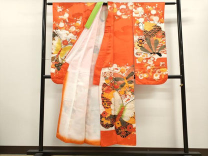平和屋着物∵女の子 十三参り 子供 祝着・長襦袢・袋帯セット 駒刺繍 舞蝶宝尽くし花文 金彩 洗える着物 CAAV9400ze
