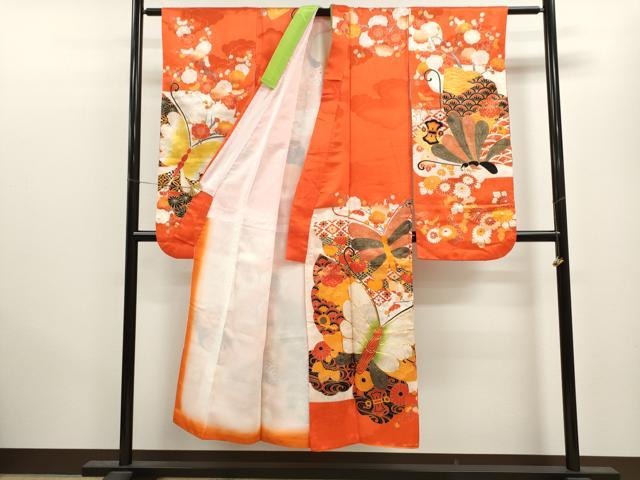 平和屋着物∵女の子 十三参り 子供 祝着・長襦袢・袋帯セット 駒刺繍 舞蝶宝尽くし花文 金彩 洗える着物 CAAV9400ze