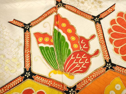 平和屋着物∵女の子 十三参り 子供 祝着・長襦袢・袋帯セット 駒刺繍 亀甲舞蝶菊文 金彩 逸品 CAAV9403ze