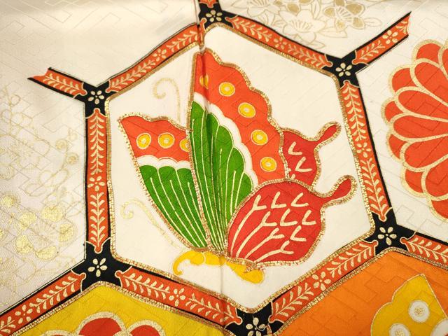 平和屋着物∵女の子 十三参り 子供 祝着・長襦袢・袋帯セット 駒刺繍 亀甲舞蝶菊文 金彩 逸品 CAAV9403ze