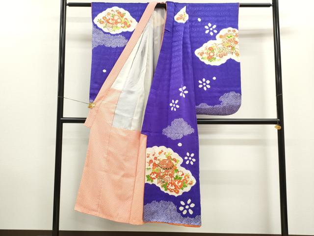 平和屋着物[]七五三　女の子　７歳　祝着　四つ身　長襦袢・袋帯セット　駒刺繍　絞り　雲取り貝桶草花文　金彩　逸品　CAAV9405ze