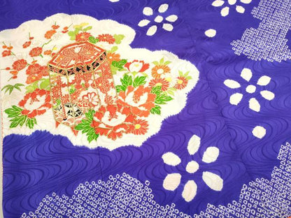 平和屋着物[]七五三　女の子　７歳　祝着　四つ身　長襦袢・袋帯セット　駒刺繍　絞り　雲取り貝桶草花文　金彩　逸品　CAAV9405ze
