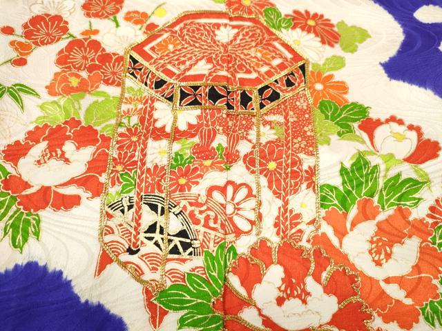 平和屋着物[]七五三　女の子　７歳　祝着　四つ身　長襦袢・袋帯セット　駒刺繍　絞り　雲取り貝桶草花文　金彩　逸品　CAAV9405ze