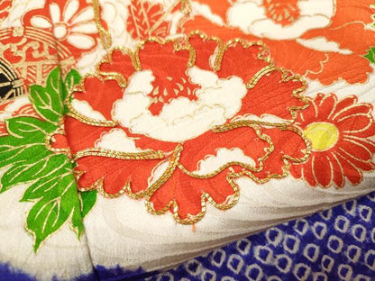 平和屋着物[]七五三　女の子　７歳　祝着　四つ身　長襦袢・袋帯セット　駒刺繍　絞り　雲取り貝桶草花文　金彩　逸品　CAAV9405ze