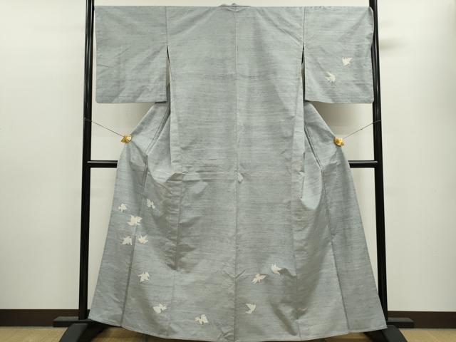 平和屋着物▽訪問着 単衣 紬地 舞葉文 正絹 逸品 CAAV9414ze