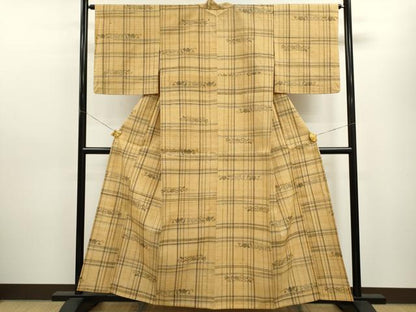平和屋着物▽上質な紬 単衣 格子花唐草文 正絹 逸品 CAAV9441ze