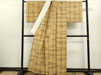 平和屋着物▽上質な紬 単衣 格子花唐草文 正絹 逸品 CAAV9441ze