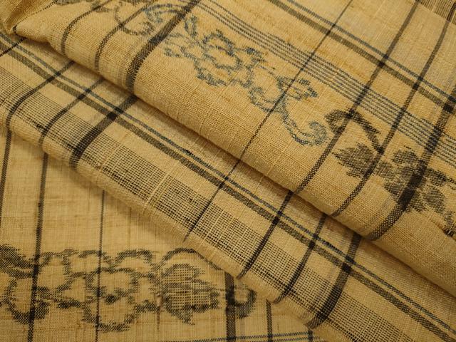 平和屋着物▽上質な紬 単衣 格子花唐草文 正絹 逸品 CAAV9441ze