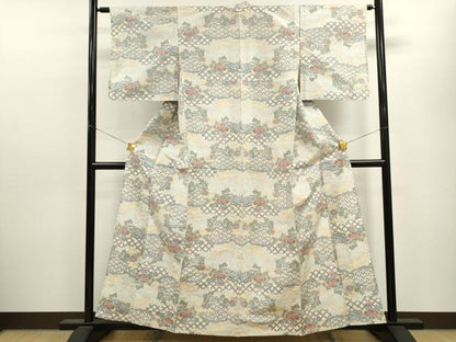 平和屋着物▽上質な紬 単衣 籬草花文 正絹 逸品 CAAV9446ze