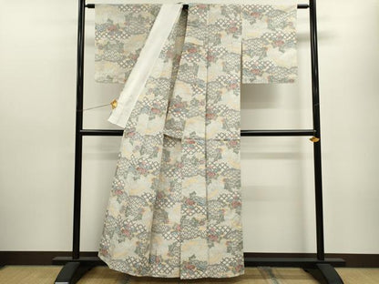 平和屋着物▽上質な紬 単衣 籬草花文 正絹 逸品 CAAV9446ze