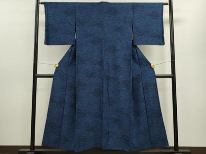 平和屋着物▽上質な小紋　単衣　藍　型染め　雲取り草花文　正絹　逸品　CAAV9449ze