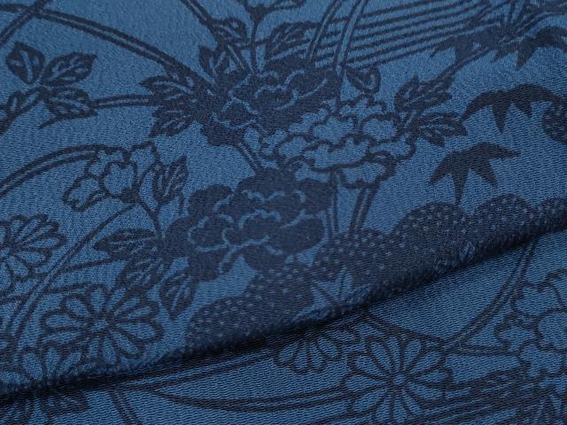 平和屋着物▽上質な小紋　単衣　藍　型染め　雲取り草花文　正絹　逸品　CAAV9449ze