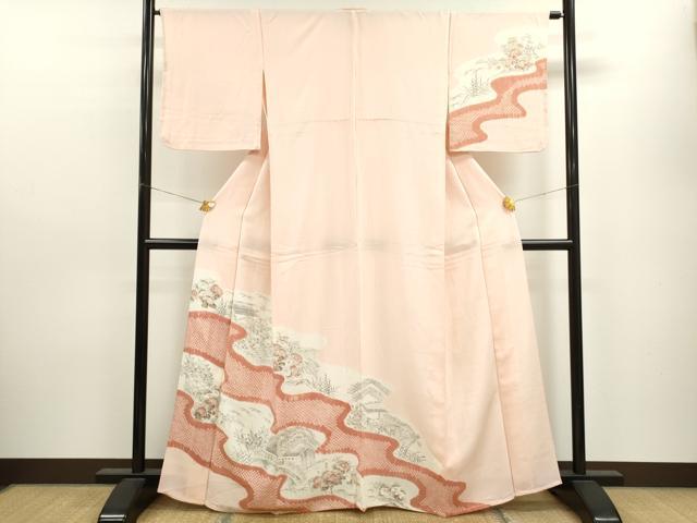 平和屋着物▽訪問着 単衣 手描き 絞り 風景草花文 正絹 逸品 CAAV9453ze
