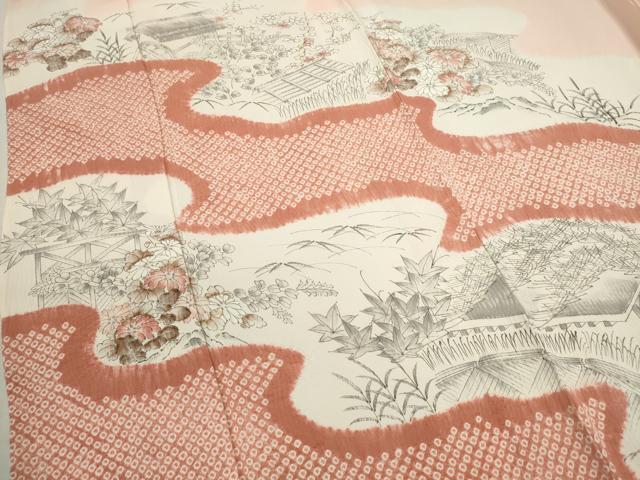 平和屋着物▽訪問着 単衣 手描き 絞り 風景草花文 正絹 逸品 CAAV9453ze