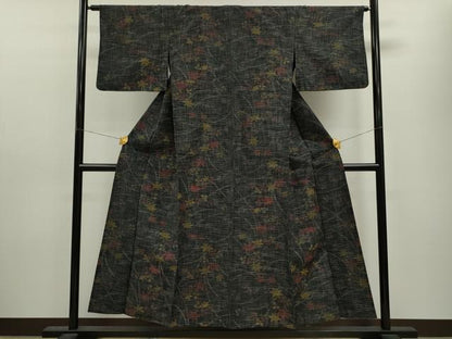 平和屋着物▽上質な紬 単衣 草木文 黒地 正絹 逸品 CAAV9464ze