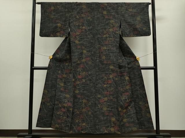 平和屋着物▽上質な紬 単衣 草木文 黒地 正絹 逸品 CAAV9464ze