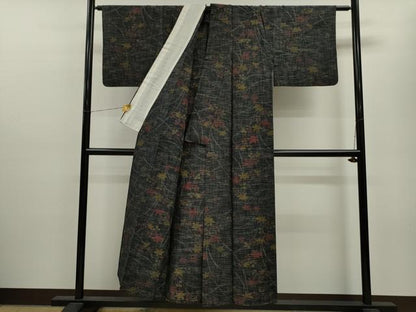平和屋着物▽上質な紬 単衣 草木文 黒地 正絹 逸品 CAAV9464ze