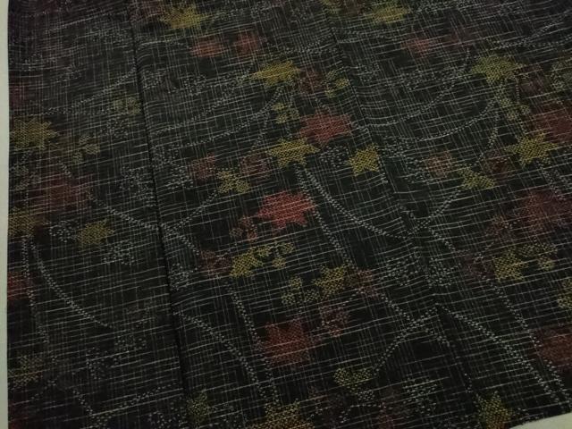 平和屋着物▽上質な紬 単衣 草木文 黒地 正絹 逸品 CAAV9464ze