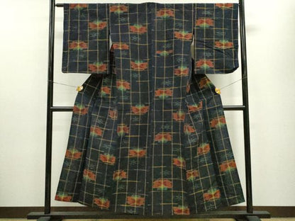 平和屋着物▽上質な紬 単衣 格子舞蝶文 正絹 逸品 CAAV9467ze