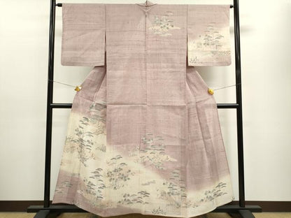 平和屋着物▽訪問着　単衣　生紬　霞松竹梅風景文　正絹　逸品　CAAV9481ze