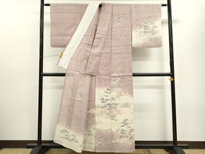 平和屋着物▽訪問着　単衣　生紬　霞松竹梅風景文　正絹　逸品　CAAV9481ze