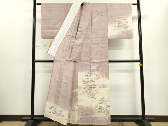 平和屋着物▽訪問着　単衣　生紬　霞松竹梅風景文　正絹　逸品　CAAV9481ze