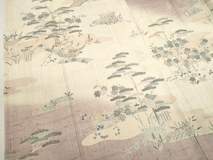 平和屋着物▽訪問着　単衣　生紬　霞松竹梅風景文　正絹　逸品　CAAV9481ze