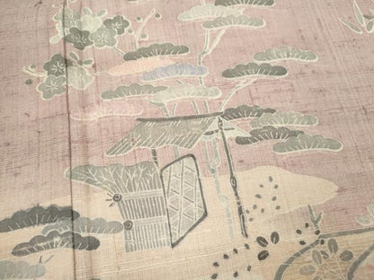 平和屋着物▽訪問着　単衣　生紬　霞松竹梅風景文　正絹　逸品　CAAV9481ze